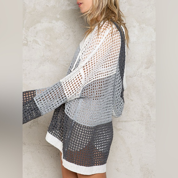 POL Charcoal and White See Through Netted Hooded Sweater or Cover Up, small - Picture 4 of 6